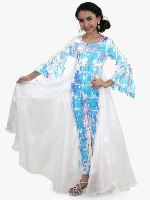 Deal Frenzy Marc Defang 5010L Size 6, 10 White Long Sequin Bell Sleeve Jumpsuit Overskirt Girls Fun Fashion