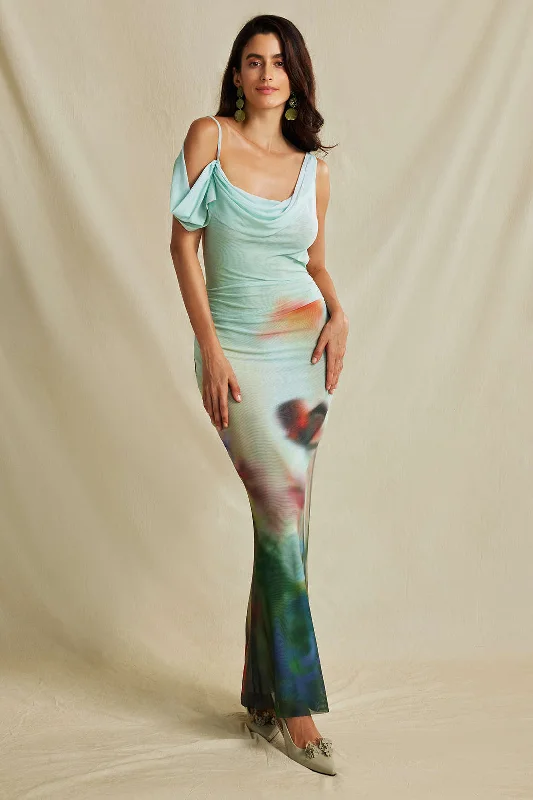 Fantastic Deals Tie Dye Mesh Backless Asymmetric Cowl Neck Maxi Dress