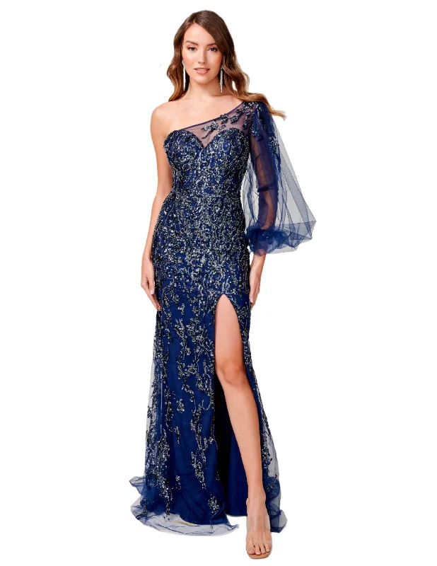 Deal Mania Nina Canacci 9159 Size 4 Navy Beaded Evening Gown One Shoulder Long Sleeve Formal Gown Slit