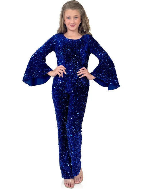 Savings Bonanza Marc Defang 8225K Girls Velvet Sequin Pageant Jumpsuit Long Bell Sleeve Fun Fashion
