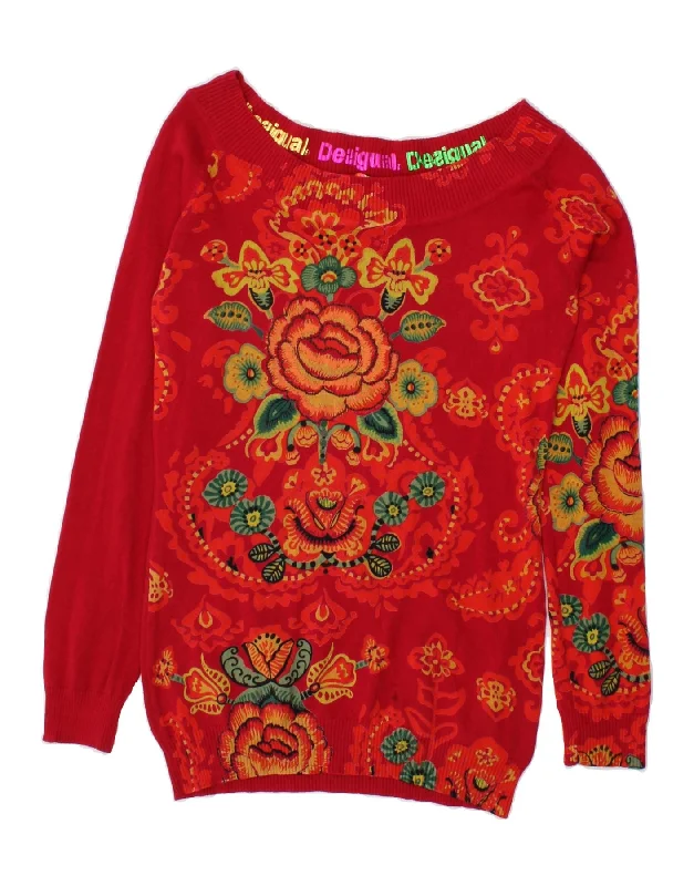 Online Only DESIGUAL Womens Boat Neck Jumper Sweater UK 18 XL Red Floral Cotton