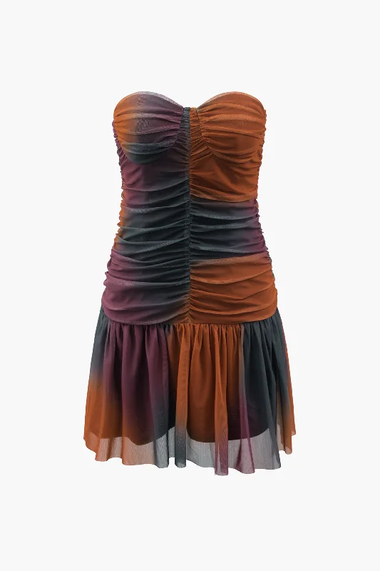 Year-End Clearance Tie Dye Mesh Ruched Strapless Mini Dress