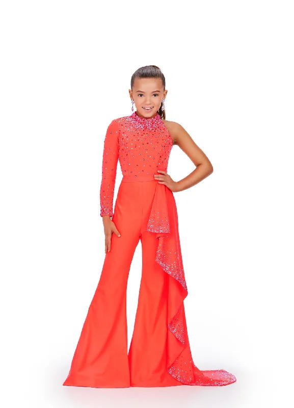 Weekend Special Ashley Lauren Kids 8253 Size 12 Neon Orange Girls Pageant Jumpsuit Ruffle Train Long Sleeve Pant Suit bell bottoms
