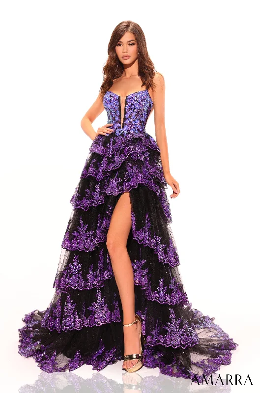 Exclusive Preview Amarra 88745 Size 18 Black Purple Sequin Layer Maxi Slit Sheer Corset Prom Dress A Line Pageant Gown Formal