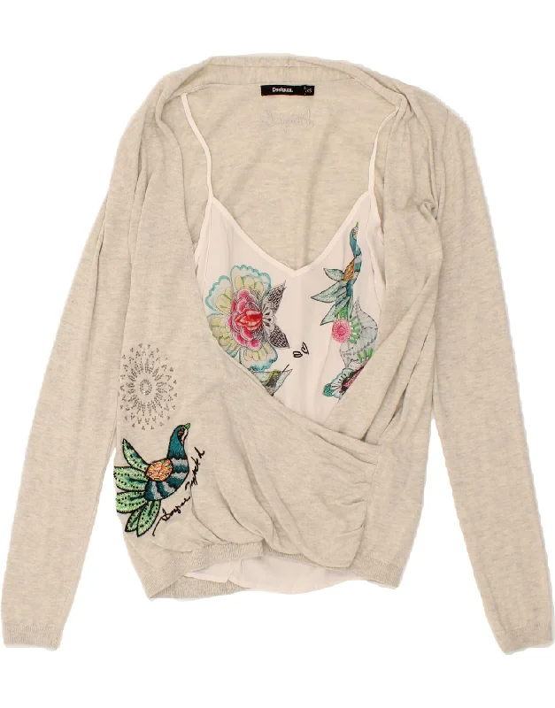 Exclusive Online Offer DESIGUAL Womens Graphic V-Neck Jumper Sweater UK 6 XS Beige Floral