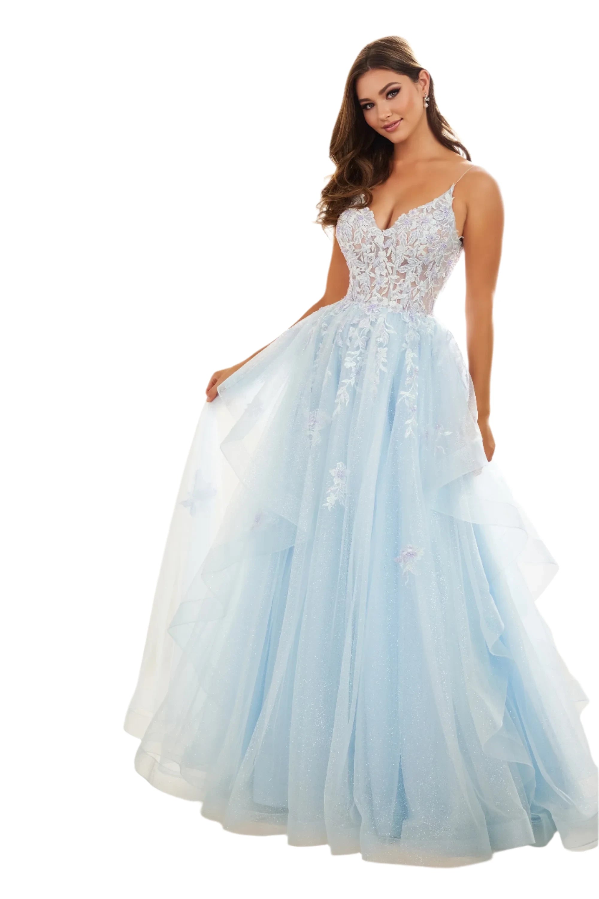 Best Bargains Ellie Wilde EW36085 Size 4 Ice Blue Sheer Lace Shimmer Prom Dress A Line Ballgown Ruffle Formal Pageant
