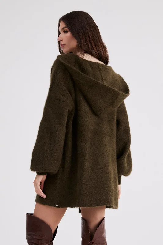 Deep Discounts + Beryll Cashmere Cropped Coat with Hood | Kelp Green