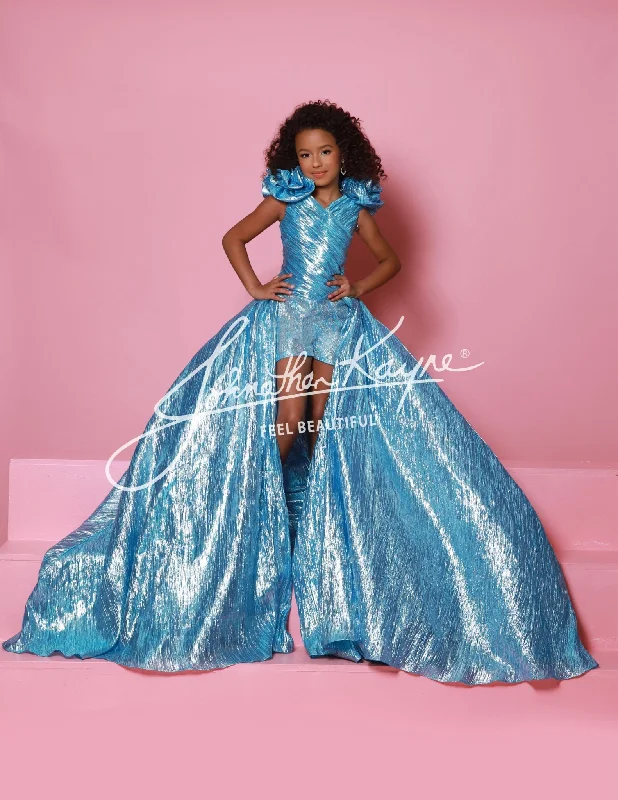 Don't Wait Sugar Kayne C364 Size 2, 8 Aqua Girls Pageant Crystal Romper Metallic Ruffle Shoulders Overskirt Formal