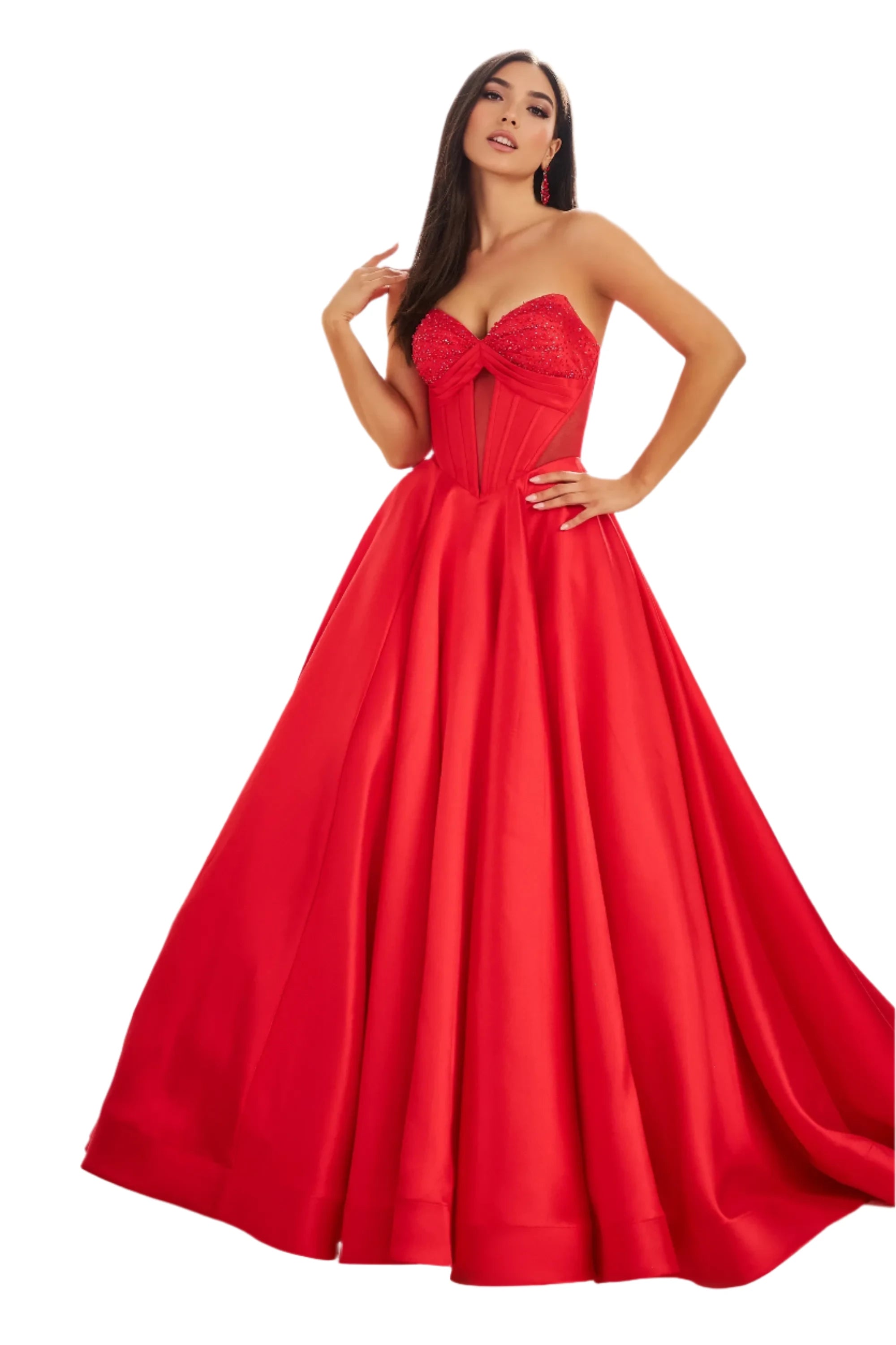 Take Advantage Ellie Wilde EW36025 Size 12 Red A Line Sheer Ballgown Prom Dress Pageant Pockets Cut Out Gown Corset