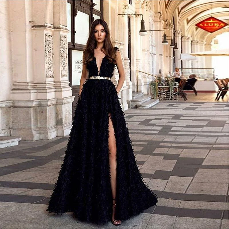 Hot Deal Black Feather Sleeveless Prom Dress