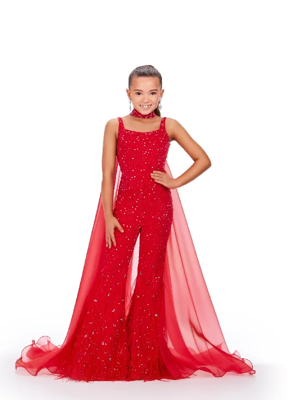 Limited Availability Ashley Lauren Kids 8210 Pageant Jumpsuit Crystal Feather Embellished Bell Bottom Cape