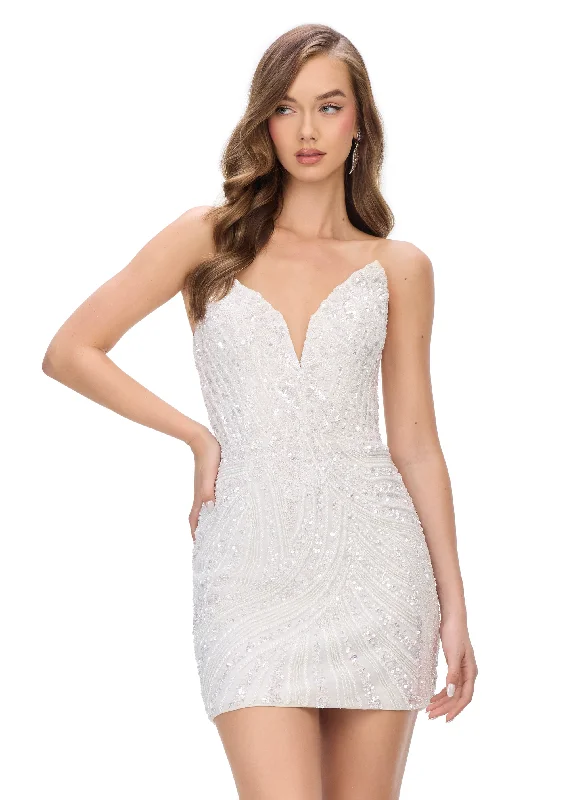 Deal Frenzy Ashley Lauren 4500 Size 00 Ivory Short cocktail dress Peak Point V Neck Formal Beaded Sequin Gown