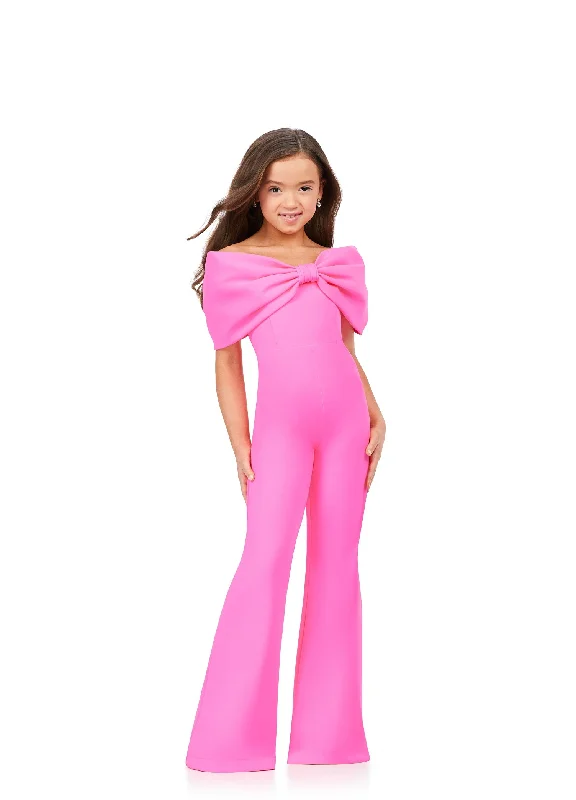 Super Sale Ashley Lauren Kids 8227 Size 4, 12 Hot Pink Scuba off the Shoulder Bow Pageant Jumpsuit Girls