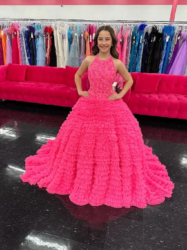 Act Fast Ashley Lauren Kids 8198 Size 16 Hot Pink Ballgown Tulle Ruffles Beaded Bustier Halter Neckline Ballgown