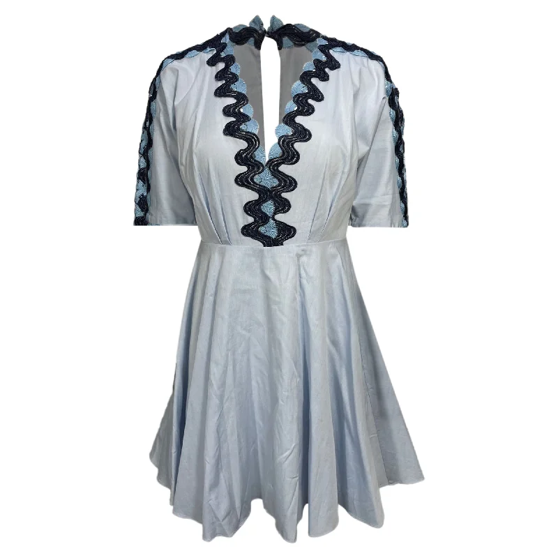 Super Deal Sandro Embroidered Pleated Mini Dress Light Blue Cotton
