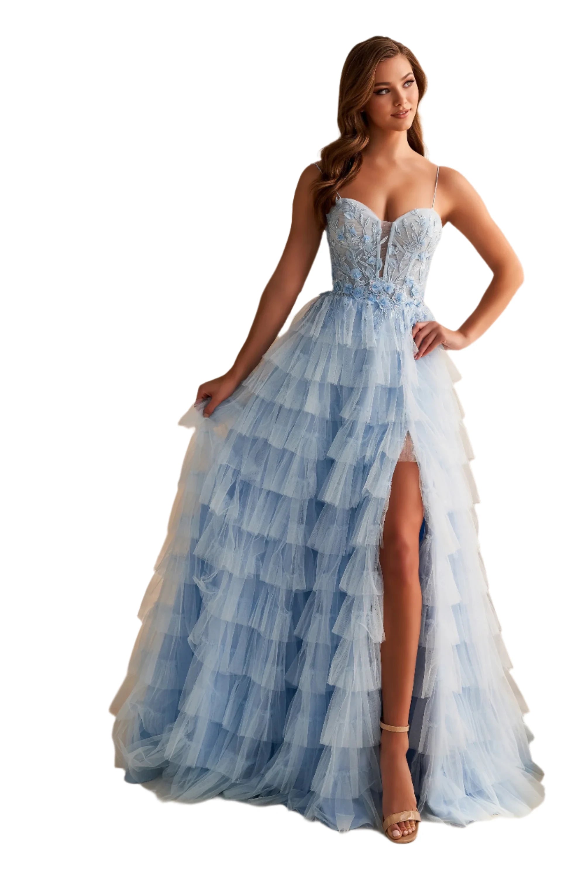 Exclusive Savings Ellie Wilde EW36223 Size 00 Blue Long Layer Tulle Prom Dress Sheer Lace Corset Maxi Slit Formal Gown