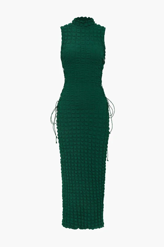 Super Bargain Popcorn Textured Tie Side Sleeveless Maxi Dress