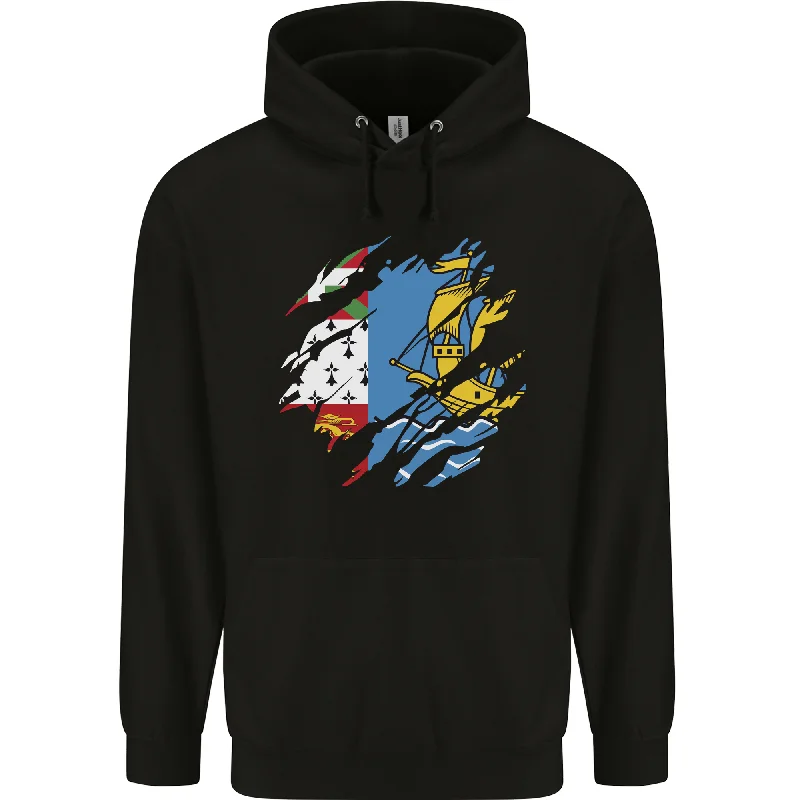 Overstock Torn Flag Saint Pierre and Miquelon Mens 80% Cotton Hoodie