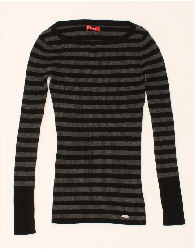 Savings Alert GUESS Womens Boat Neck Jumper Sweater UK 4 XS Black Striped Viscose