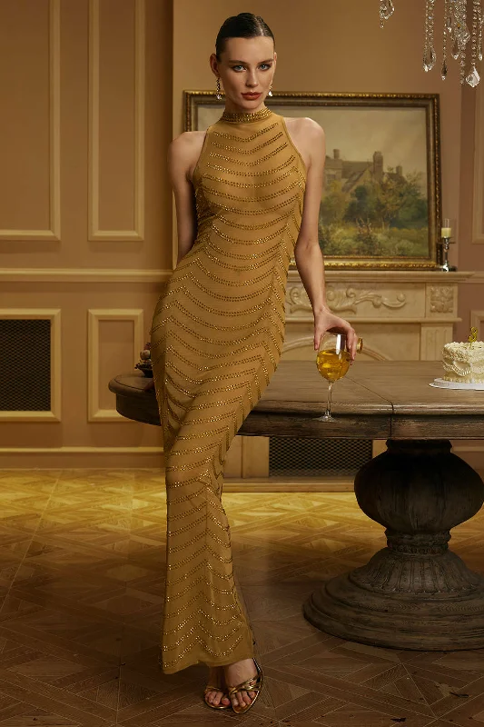 Midnight Madness Mesh Backless Sheer Rhinestone Maxi Dress