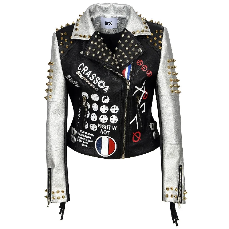 Price Cut PU Leather Women's Jacket / Letter Print Graffiti Rivets Coats / Biker Fringed Motorcycle Jackets