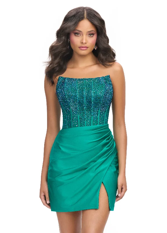 Hurry In Ashley Lauren 4686 Size 0 Emerald Short Sheer Crystal Homecoming Dress Formal Scoop Neck Cocktail Gown