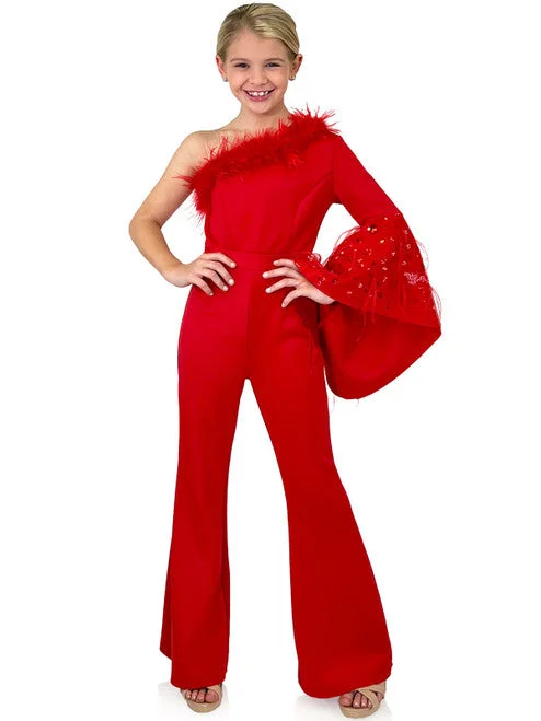 Bargain Prices Marc Defang 8222K Girls Pageant Jumpsuit Feather One Shoulder Long Bell Sleeve Formal Wear Scuba