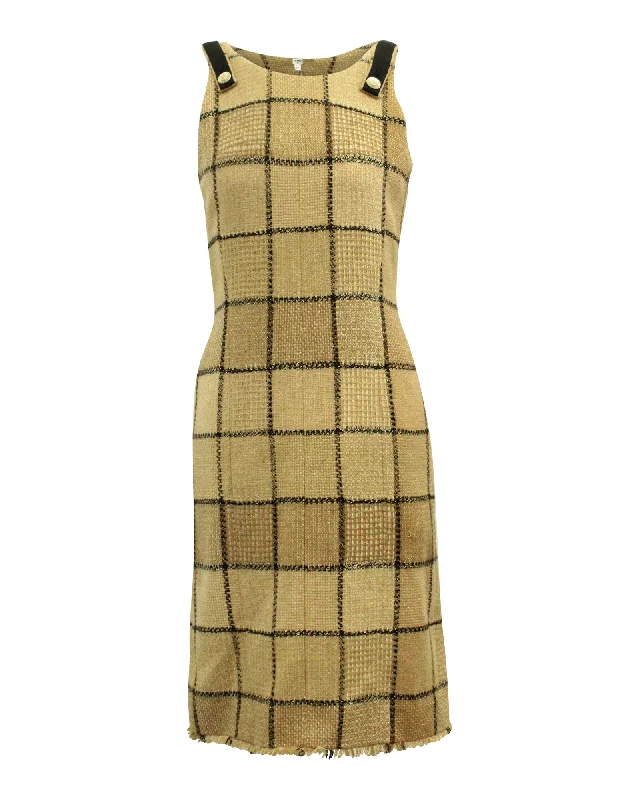 Amazing Deals Chanel Plaid Sleeveless Sheath Dress in Gold Print Laine Wool