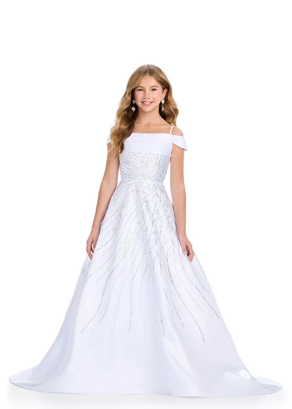 Seasonal Sale Ashley Lauren Kids 8317 Size 8 White Girls Long Satin Pageant Dress Crystal off the shoulder Gown Teen