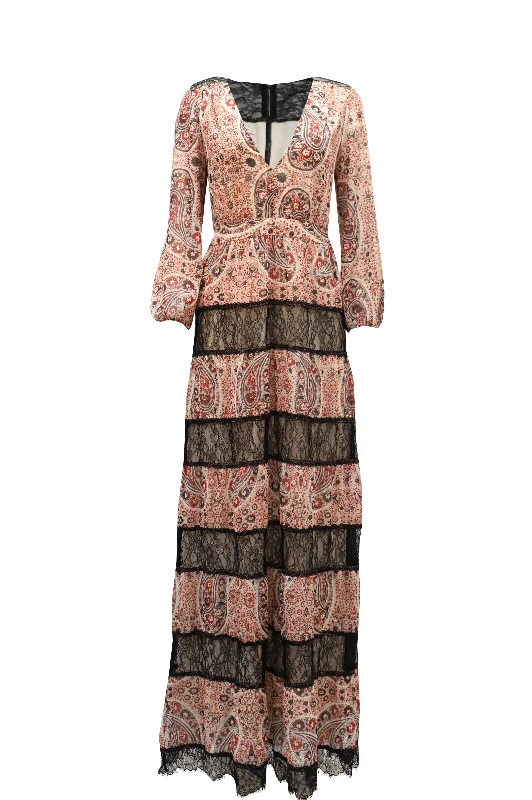 Buy Now Alice + Olivia Darren Lace-Paneled Printed Maxi Dress in Multicolor Polyester