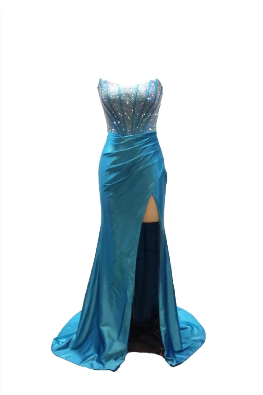 Shop and Save Abby Paris 90255 Size 2, 10 Aqua Crystal Corset Prom Dress Fitted Ruched Maxi Slit Formal Gown Strapless