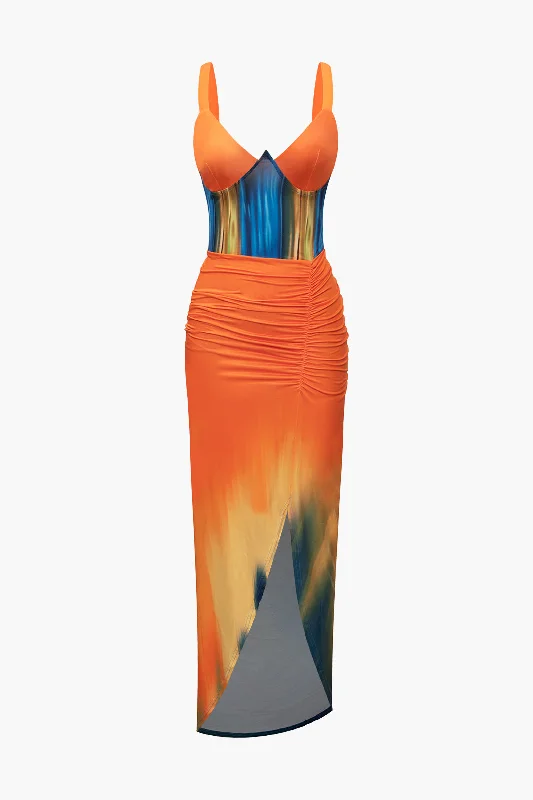 Get It Before It’s Gone Tie Dye Print V-neck Ruched Maxi Dress