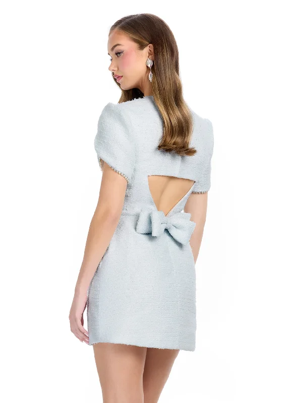 Savings Spectacular Ashley Lauren 4809 Size 4 Sky Short Tweed Cut Out Bow Interview Dress Appearance puff sleeve pearl Formal Wear