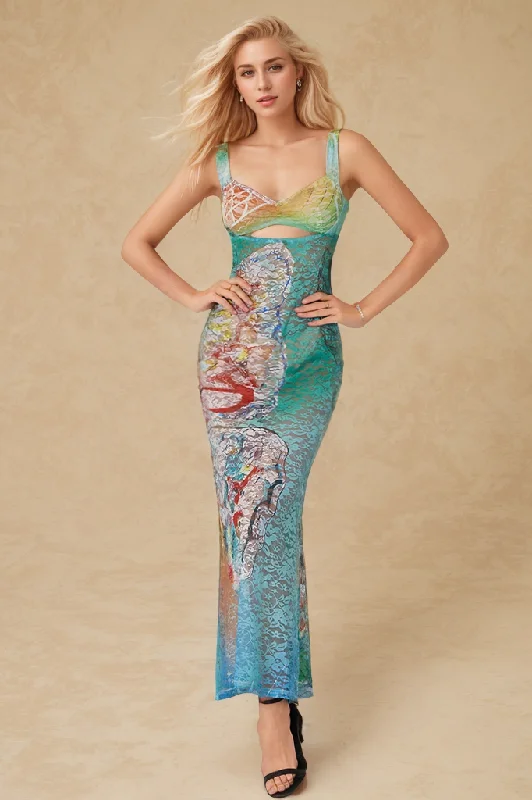 Hurry In Butterfly Print Cut Out Mesh Strap Maxi Dress
