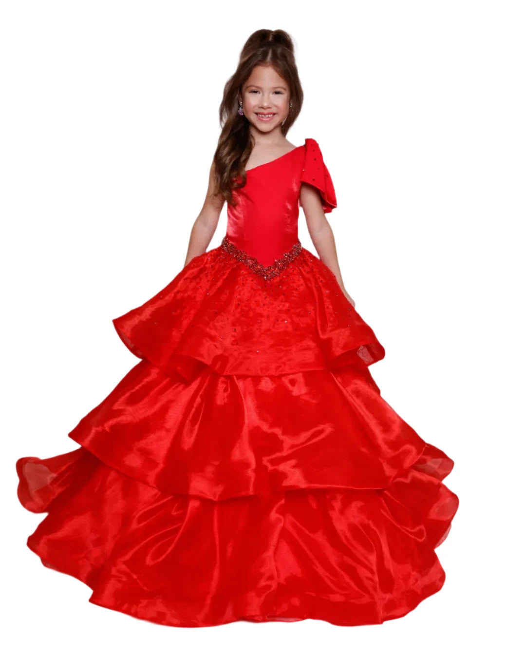Limited Edition Ava Presley Girls 39891 Size 14 Red Long Pageant Ball Gown One Shoulder Layer Ruffle Bow Drop Waist Formal