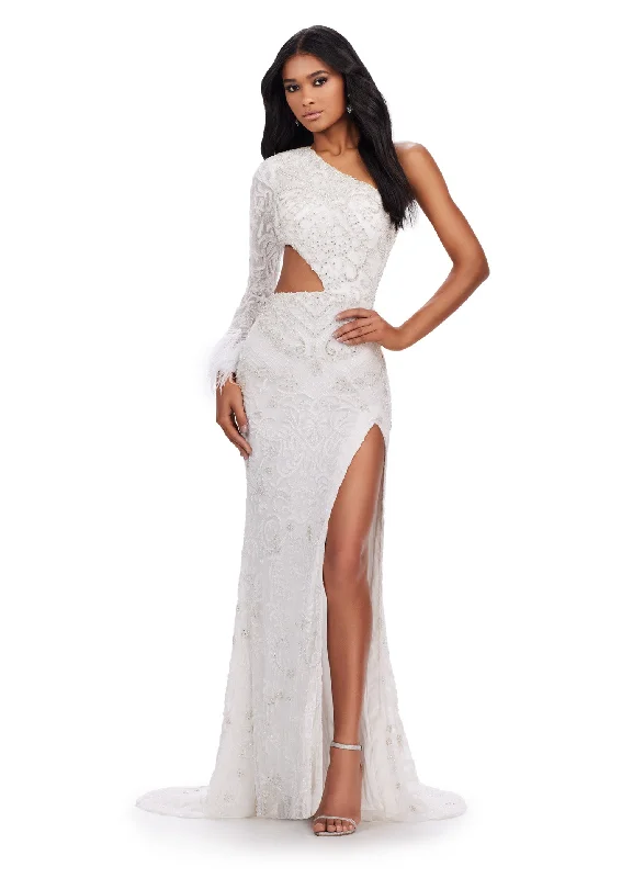 Price Blitz Ashley Lauren 11649 Size 0 Ivory Feather One Shoulder Long Sleeve Dress Cut Out Beaded Pageant Gown