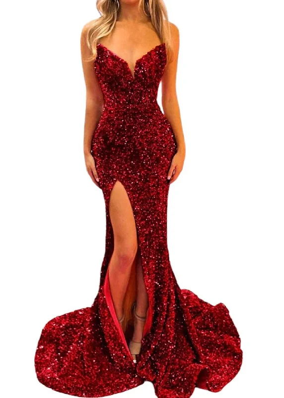 Best Bargains Sweetheart Neckline Fully Sequined Gown In Red