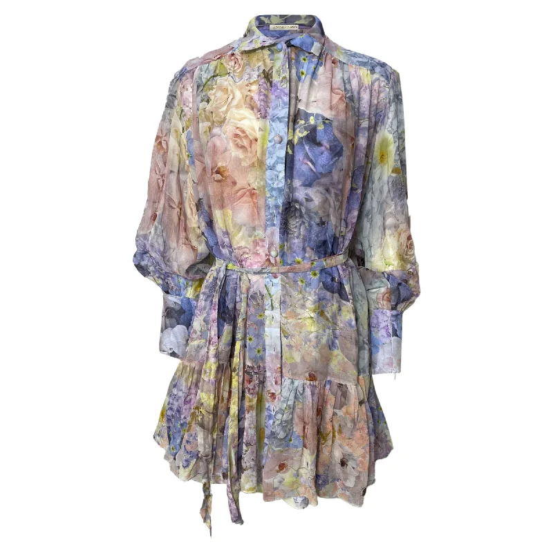 Unbeatable Prices Zimmermann Rhythmic Belted Floral Print Mini Shirt Dress in Multicolor Cotton