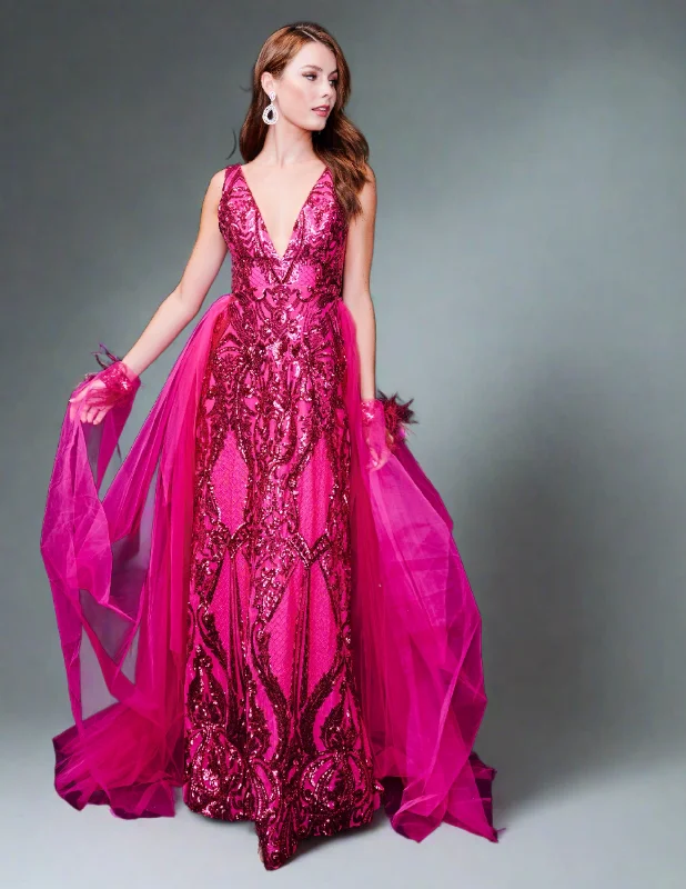 Super Deal Nina Canacci 8224 Size 0 Magenta Sequin Pageant Dress Feather Cuff Overskirt Cape Gown Fitted V Neck