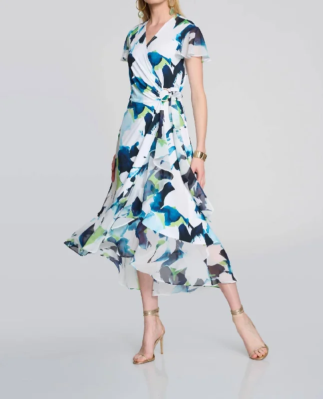 Super Deal A-Line Wrap Dress In White With Blue Print