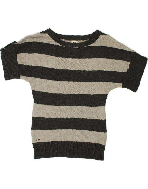 Weekend Flash Sale CONVERSE Womens Short Sleeve Boat Neck Jumper Sweater UK 6 XS Grey Striped