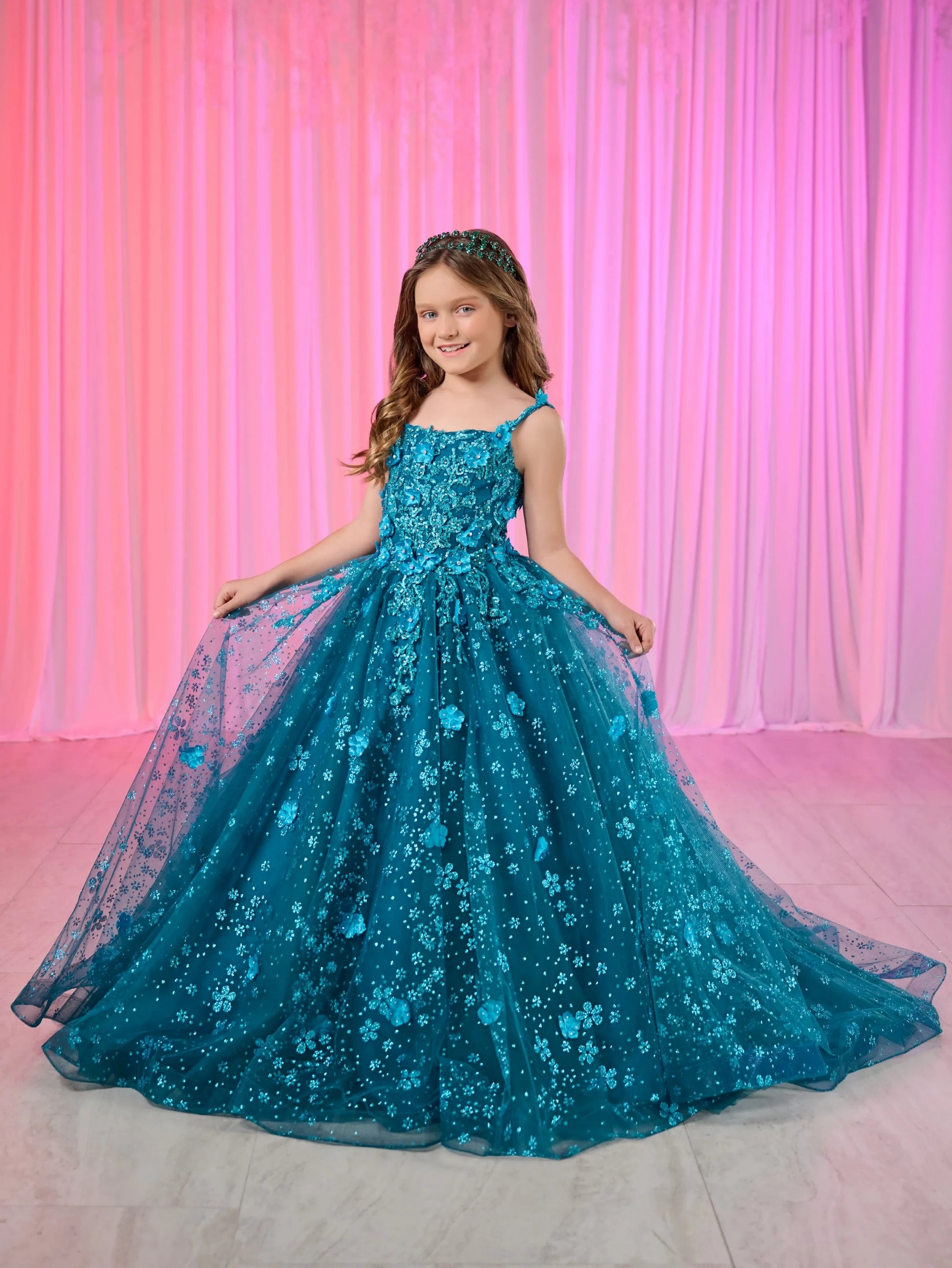 Midnight Sale Tiffany Princess 13758 Girls Long Lace Pageant Dress Corset Floral Glitter Formal Ball Gown