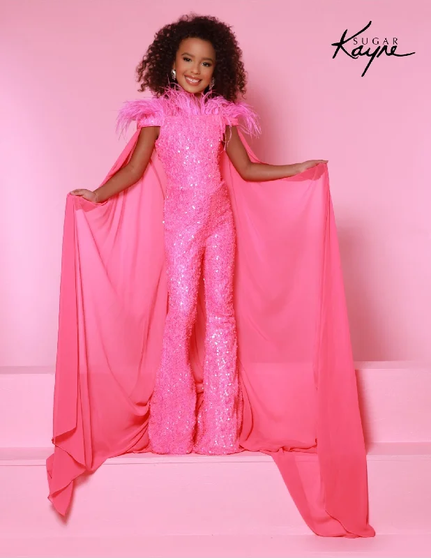 Limited Edition Sugar Kayne C346 Girls  Pageant Jumpsuit Bell Bottom Feathers Sequin Cape Fun Fashion Shimmer