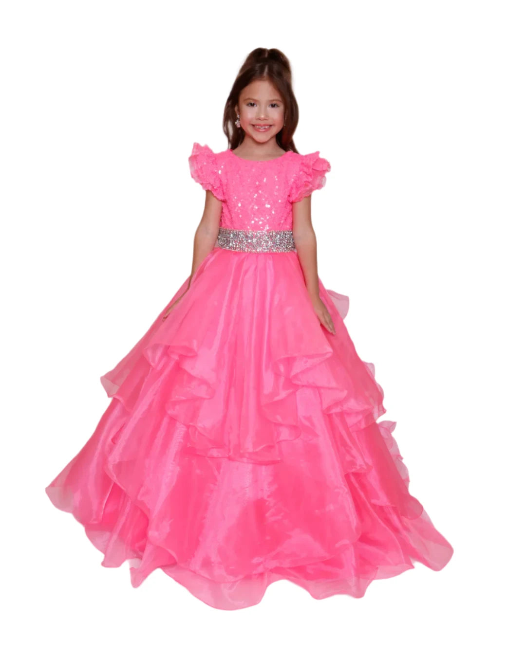 Price Reduction Ava Presley 39892 Size 2 Neon Pink Girls Layer Sequin Cap Sleeve Pageant Dress Keyhole Ball Gown Train