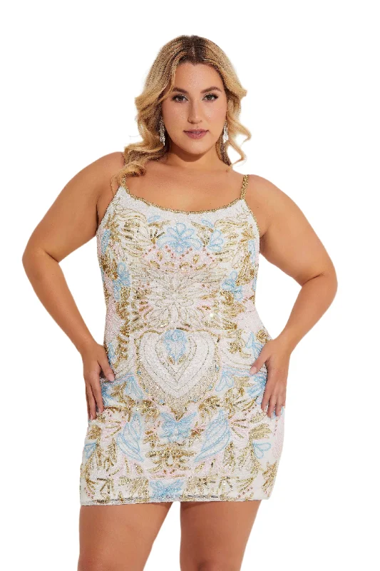 New Deals Primavera Curvy 14064 Size 14 Ivory Short Plus Size Homecoming Dress Beaded Corset Scoop Neck Gown