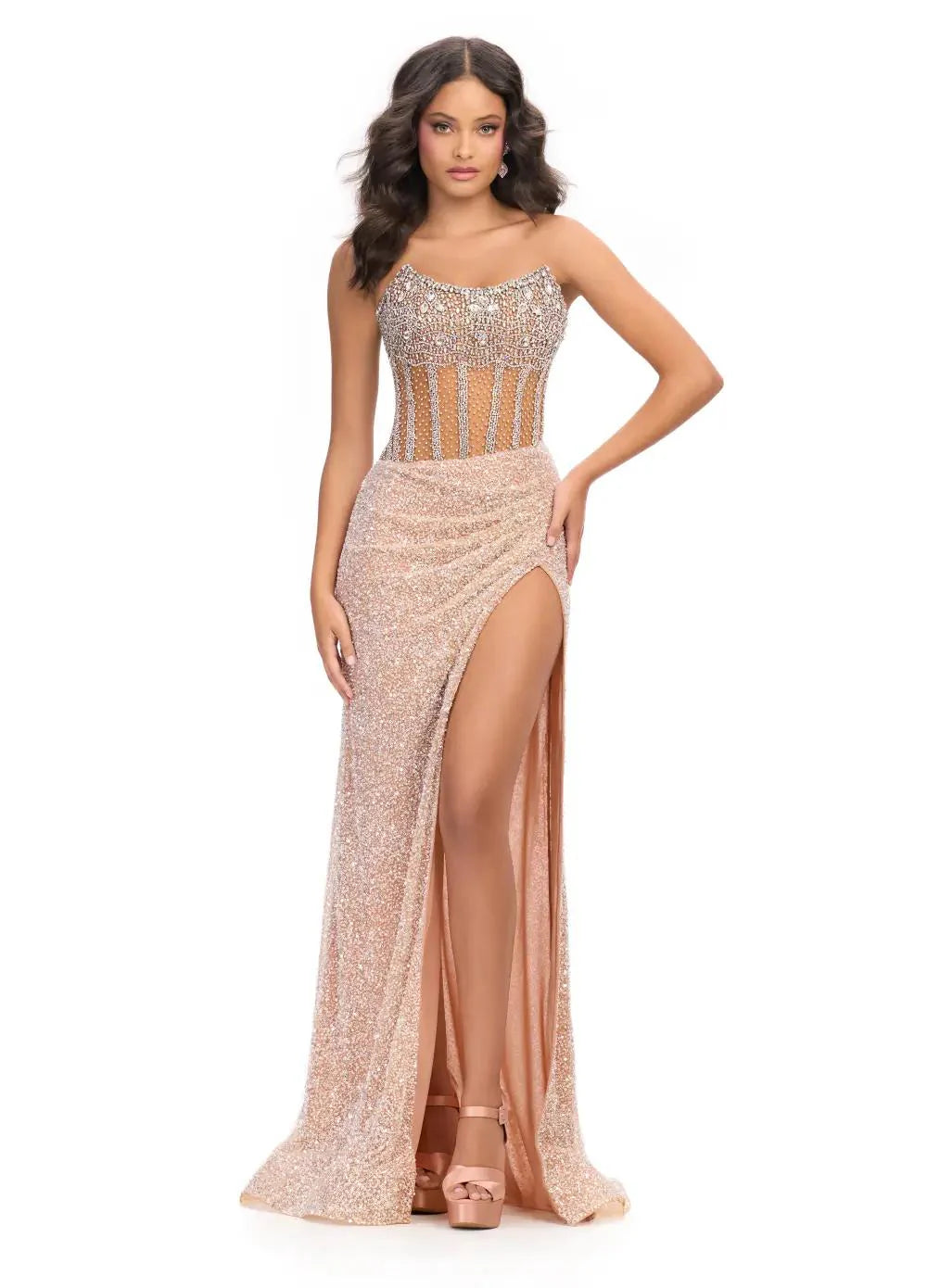 Price Buster Ashley Lauren 11830 Size 4 Nude Sequin Sheer Crystal Corset Prom Dress Pageant Gown Slit strapless
