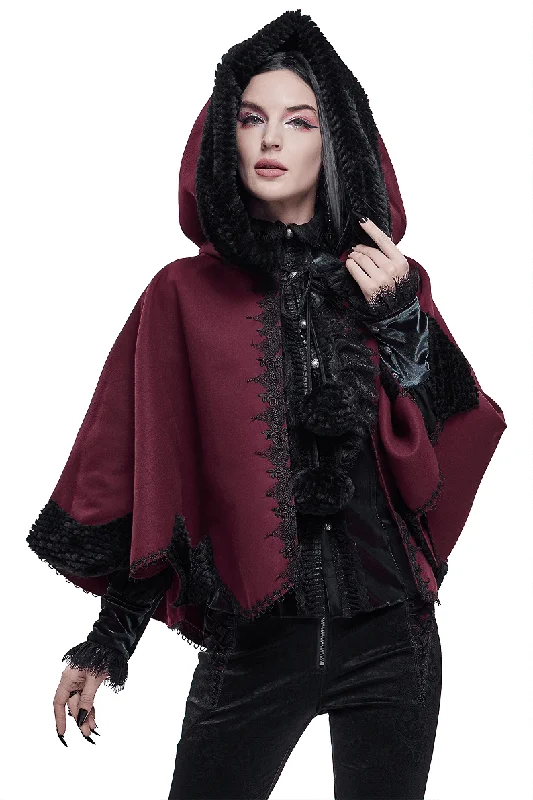 Deal Dash Red Gothic Short Hooded Cloak / Female Loose Cape with Black Fur and Cute Balls