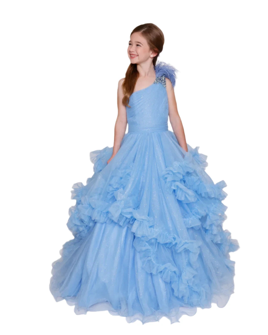 Last Chance Ava Presley 39886 Girls Pleated Ruffle Shimmer Pageant Dress Feather One Shoulder Formal Gown