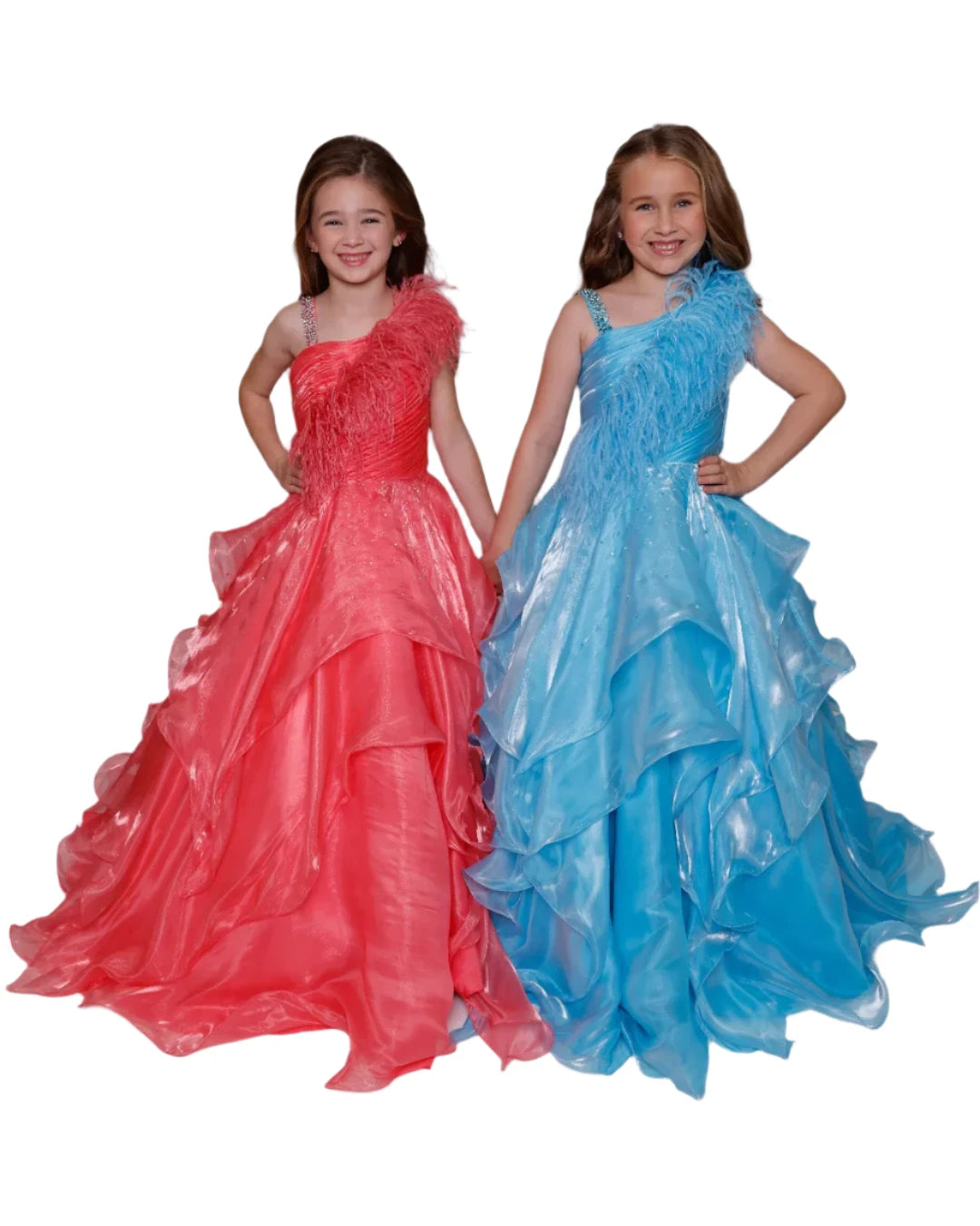 Shop and Save Ava Presley Girls 39887 Long Shimmer Layer Pageant Dress Feather One Shoulder Crystal Gown