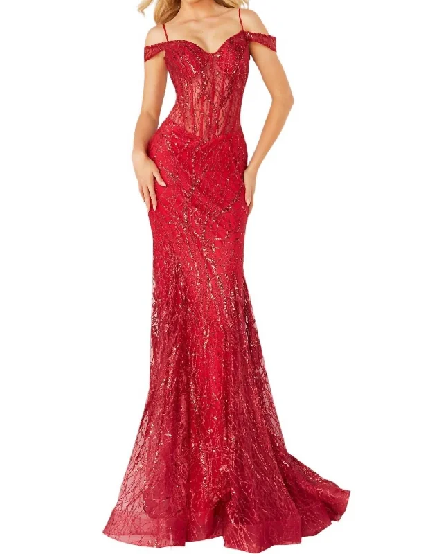 Don't Wait Off Shoulder Glitter Mermaid Long Gown In Red